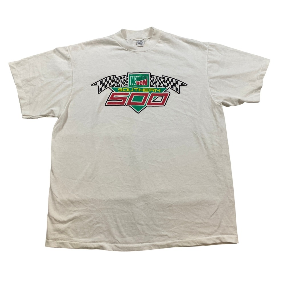 Vintage Mountain Dew Southern 500 Graphic T‎ Shirt White Nacar Tee Mens XL